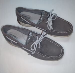 Sperry Top Sider 2 Eye Women Boat Shoes Leather Grey Sequins Slip On Lace Up 10